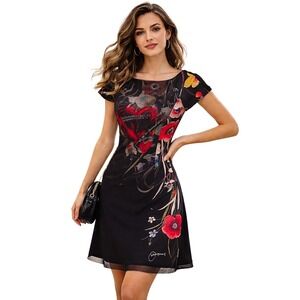 Desigual XS Floral Heart Art Dress Black Mesh Overlay Fit Flare Spain Signed